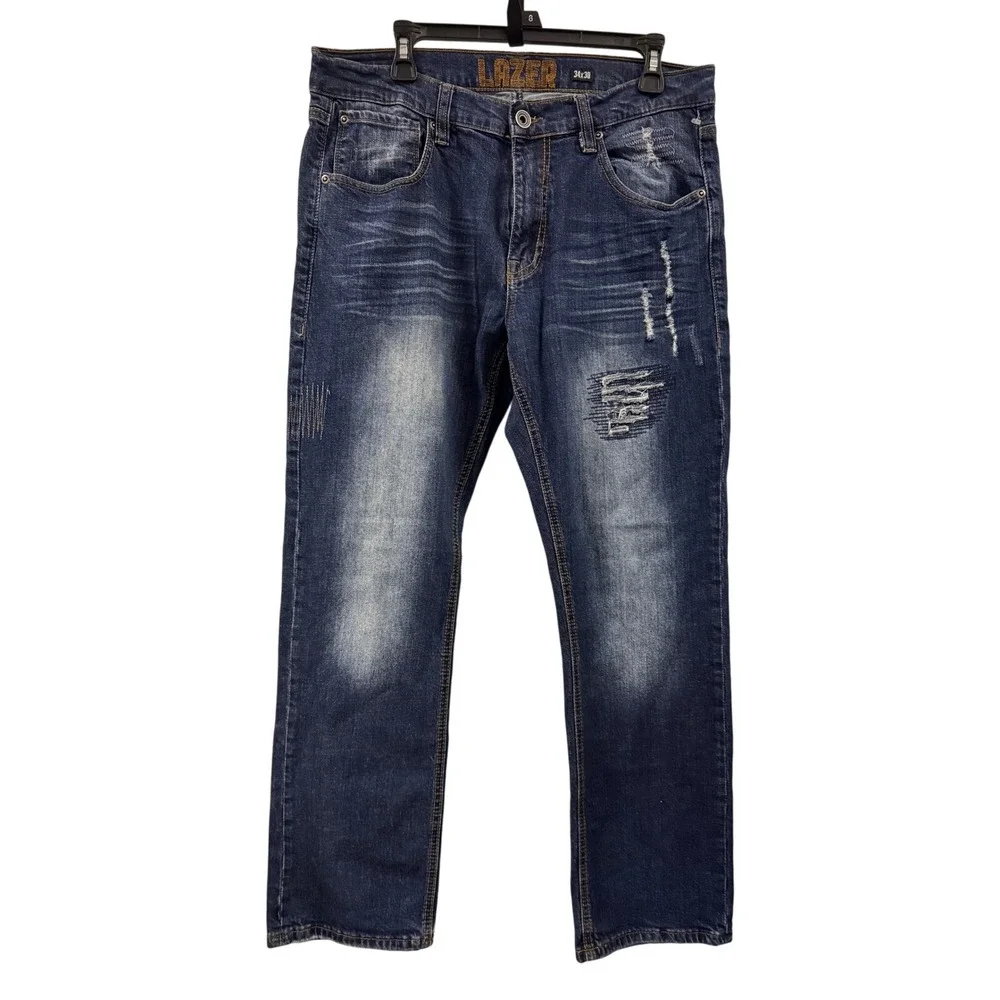 LAZER Mens 34x30 Blue Wash‎ Distressed Denim Jeans Straight Fit